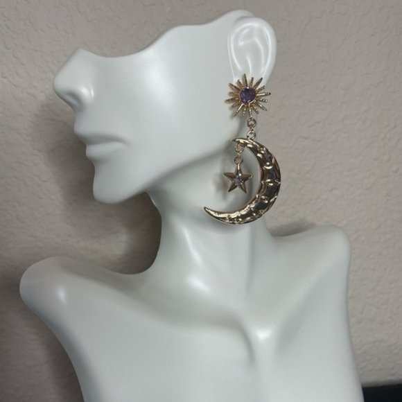New 18K Gold Plated Brass Amethyst Sun Moon & Star Earrings lol - Picture 4 of 4